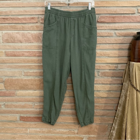 Linen Blend Pull On Pants Small Tapered Leg Green - Picture 4 of 8